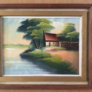 Original painting river house trees artist signed solid wood frame